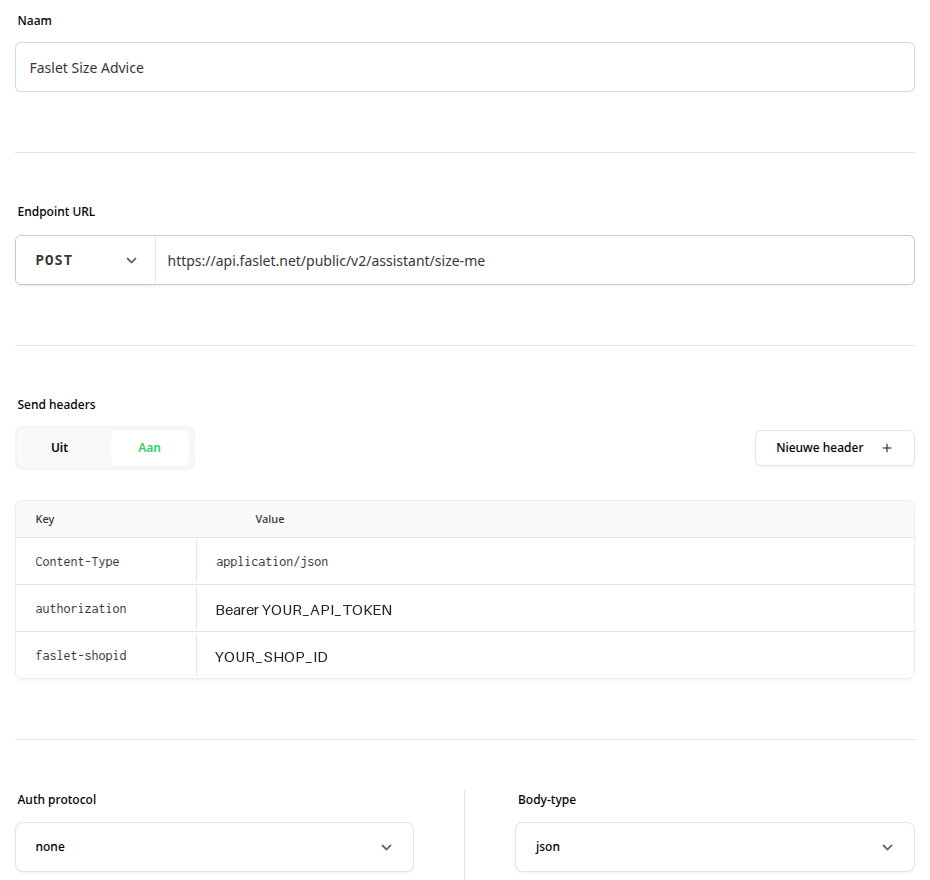 Sleak action configuration showing the Faslet endpoint, JSON headers, auth protocol set to none, and JSON body type. The API token and Shop ID have been replaced with placeholders.