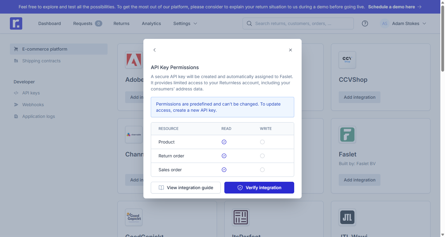 Accept the Returnless permissions for the Faslet integration