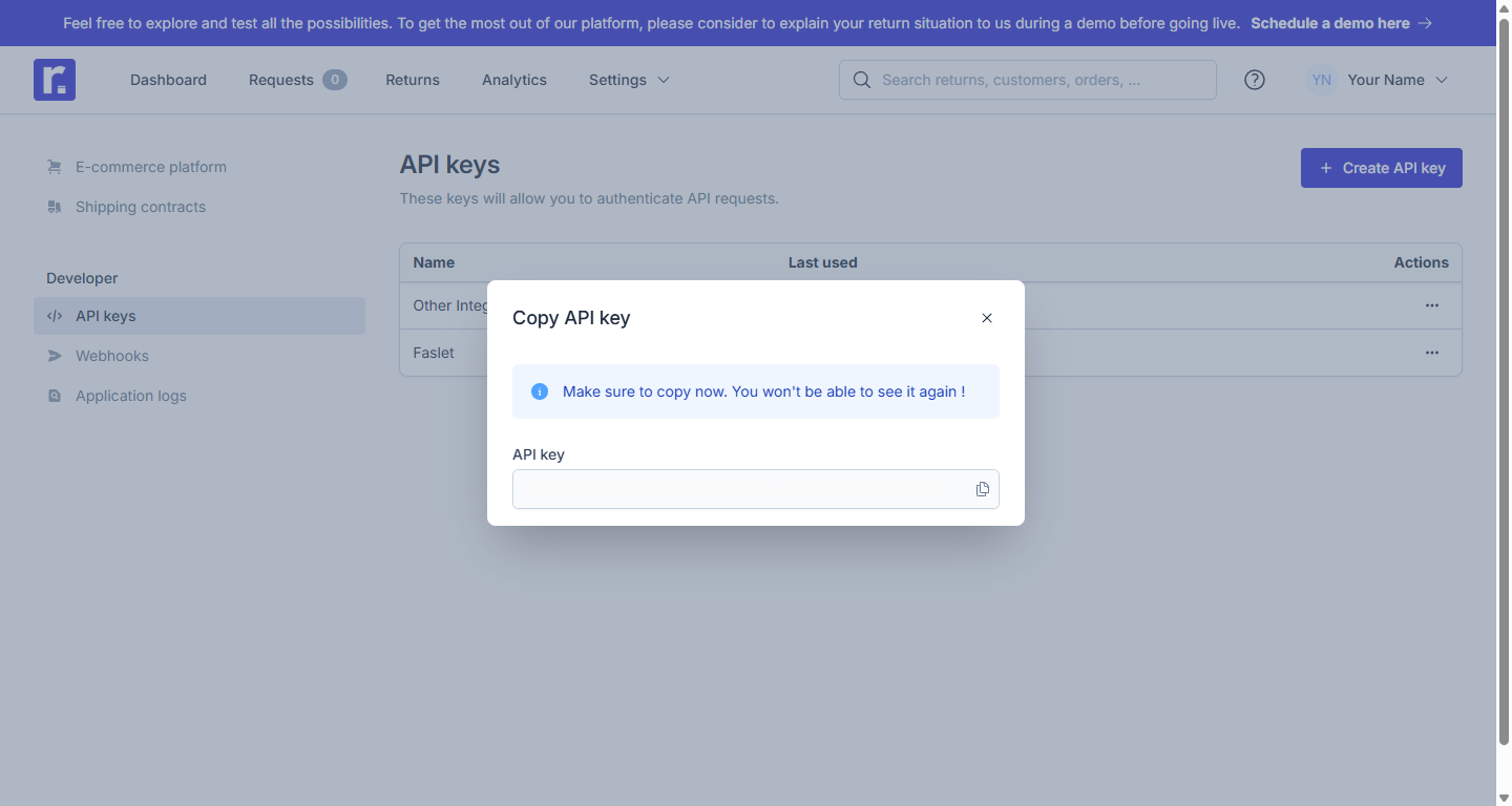 Copy the Returnless API key