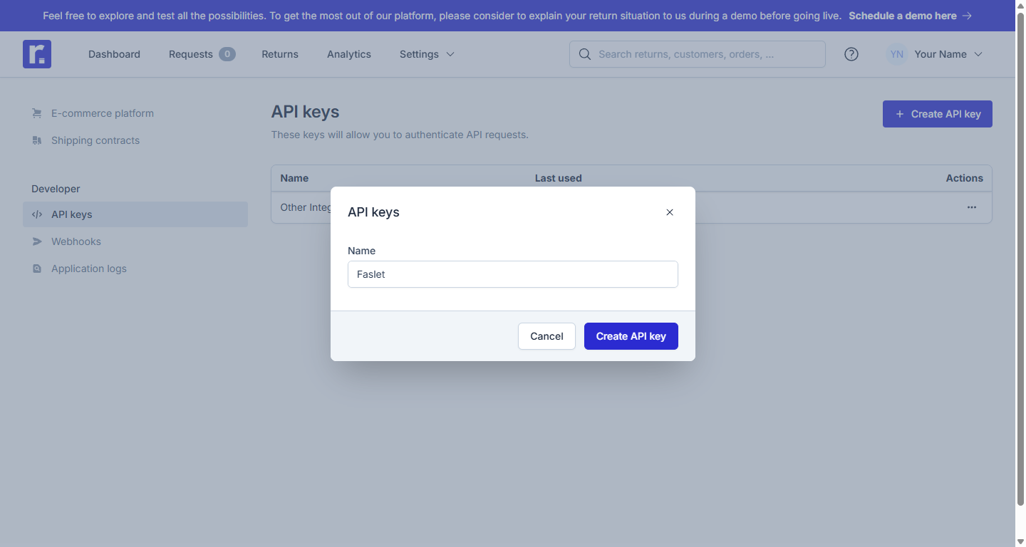 Create a Faslet API key in Returnless
