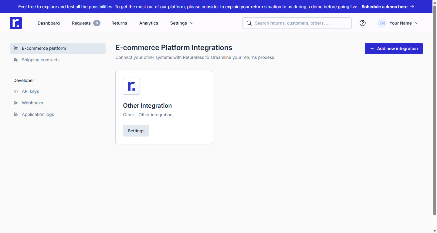 Returnless e-commerce connections page