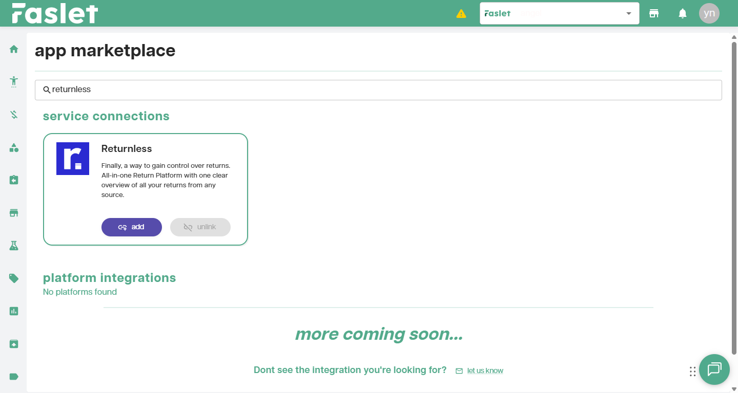 Returnless integration in the Faslet App Marketplace