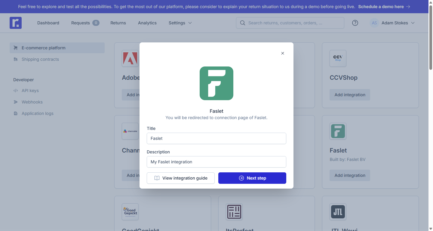 Select the Faslet connection in Returnless